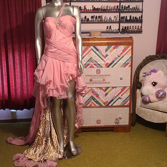 Dave & Johnny gown prom dress pink ruffles girly cheetah leopard animal print - Picture 3 of 17